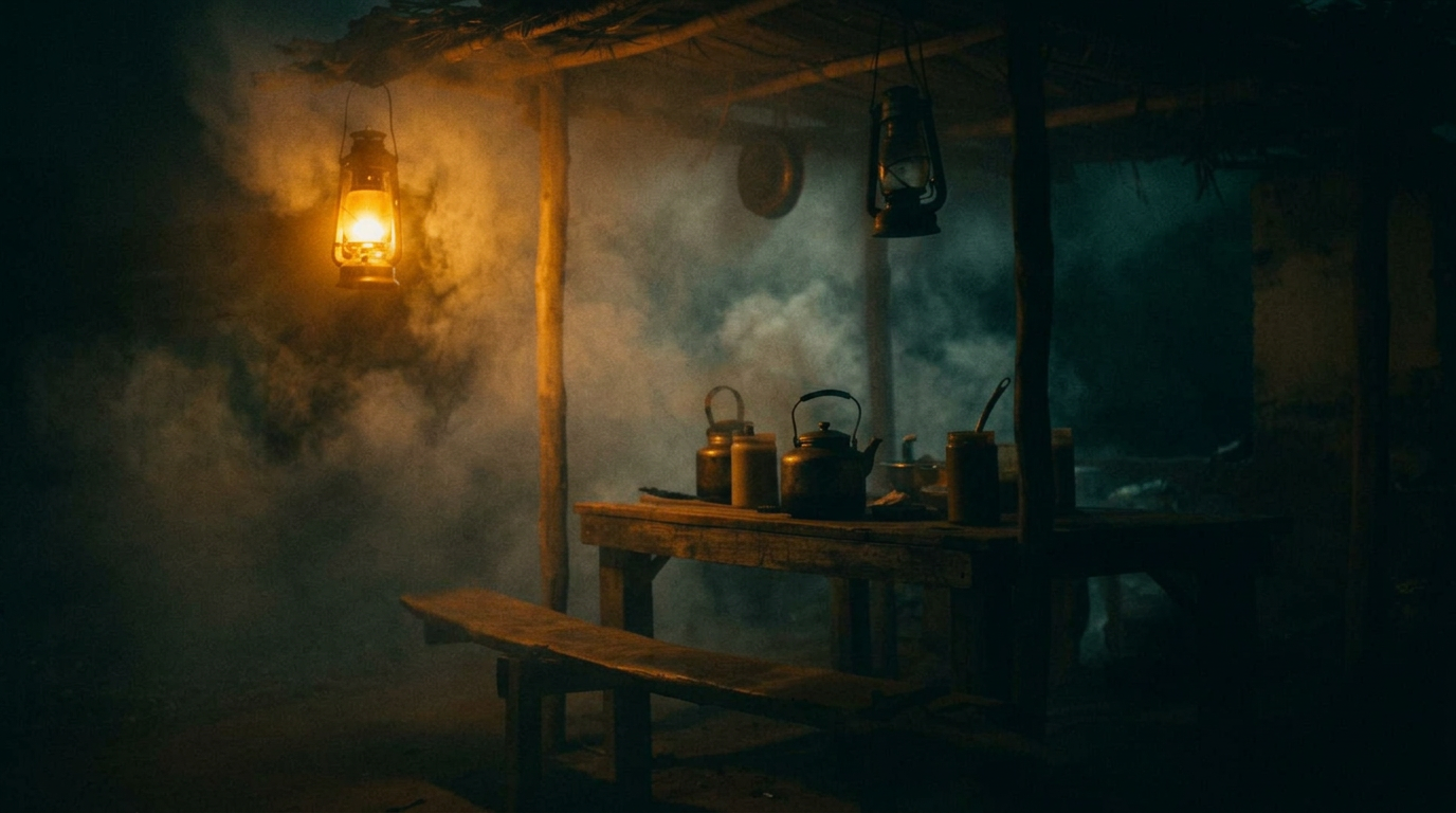 Cinematic chai stall under amber lantern light at night
